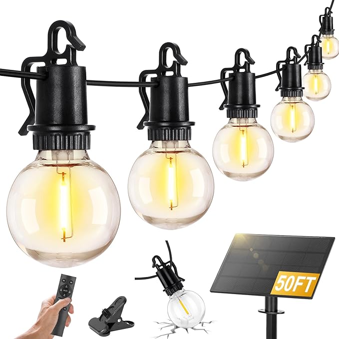 ZJOJO Solar Outdoor String Lights Waterproof, 50FT G40 Globe Patio Lights String Lights Solar Powered with 25 Edison Bulbs 2700K Shatterproof Hanging Lights for Porch Backyard Pergola Bistro