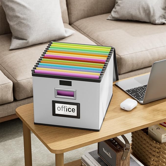 Huolewa Portable Leather File Organizer Boxes with Lids, Collapsible File Folder Organizer Boxes, Decorative Small Filing File Cabinet for Home/Office, Easily Store Documents/Hanging File Folders