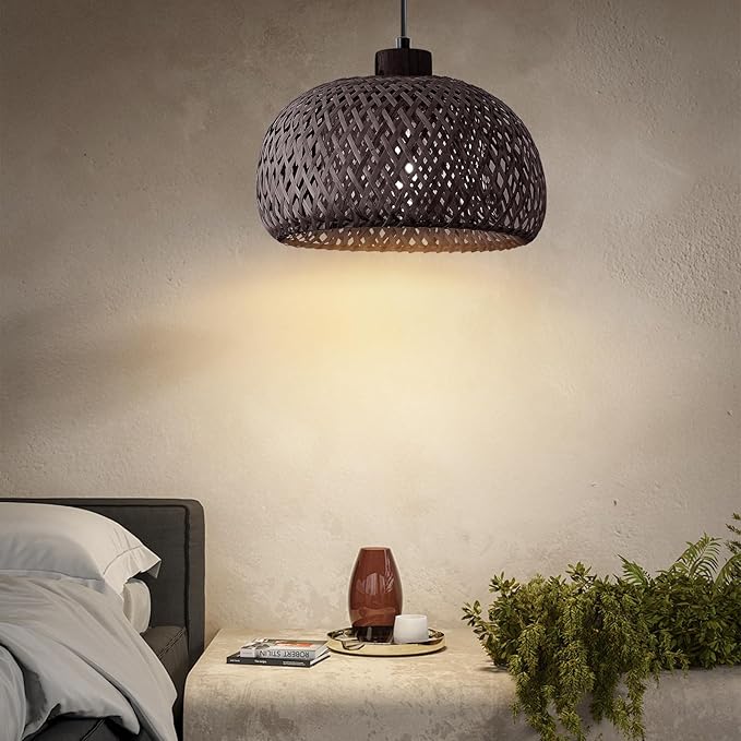 Black Bamboo Pendant Light, 11.8inch Hand-Woven Natural Wicker Rattan Farmhouse Lamp, Boho Hanging Chandelier, Rustic Kitchen Island Ceiling Pendant Light for Living Room, Dining, Foyer