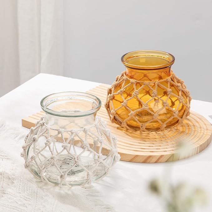 Hollyone Clear Glass Vase with Cotton Rope Cover Woven Round Glass Vase Decorative Flower Bottle Modern Vase for Table Centerpiece Farmhouse Wedding Home Decor