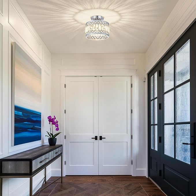 Crystal Chrome Ceiling Light, Modern Semi Flush Mount Ceiling Lighting Fixture, Round Hallway Lighting Fixtures for Entryway Kitchen Bedroom Laundry Room, 1-Light, 9 Inch
