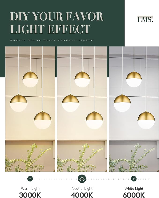 LMS Brushed Gold 3-Light Cluster Pendant Lights, Modern Kitchen Island Lighting with White Globe Glass Shade, Adjustable Hanging Cord Ceiling Light for Bathroom Bedroom Dining Room, LMS-186BG3
