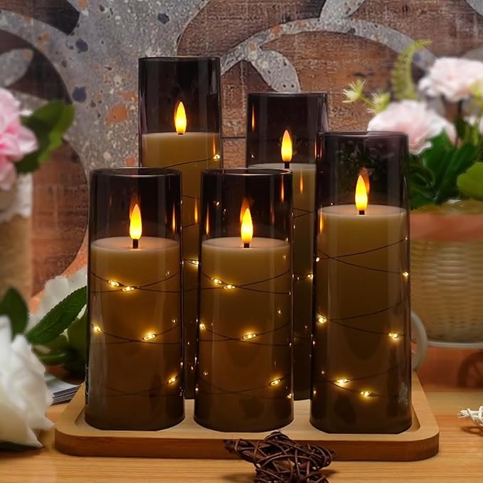 Flameless LED Candles with Timer 5 Pc Flickering Flameless Candles for Romantic Ambiance and Home Decoration Stable Acrylic Shell,with Embedded Star String,Battery Operated Candles(Grey)