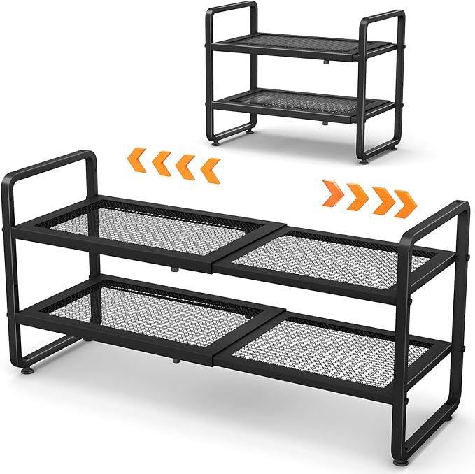 Shoe Rack - Expandable Shoe Organizer for Closet, Adjustable Metal Shoe Shelf Storage, 2 Tier Stackable Long Shoe Stand Holder for Garage, Entryway, Door Entrance, Black