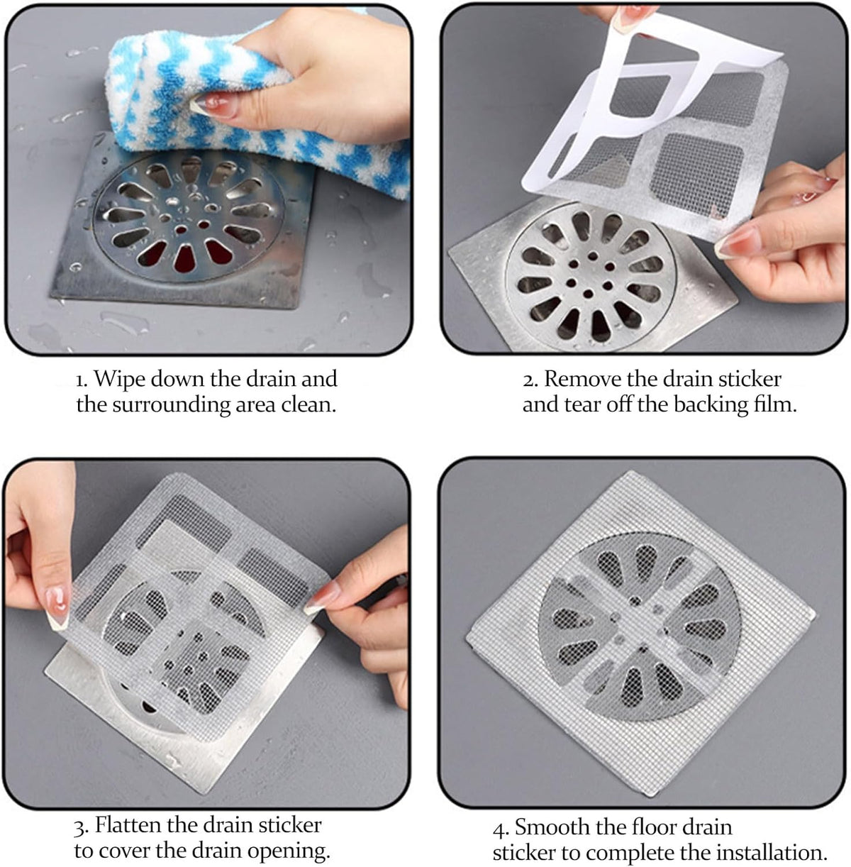 30pcs Disposable Shower Drain Hair Catcher Screen Sticker 4" X 4" Square Floor Drain Strainer Mesh Filter Cover for Bathroom Laundry Tub Bathtub Sink for Human Pet Sewer Bulk Blocking