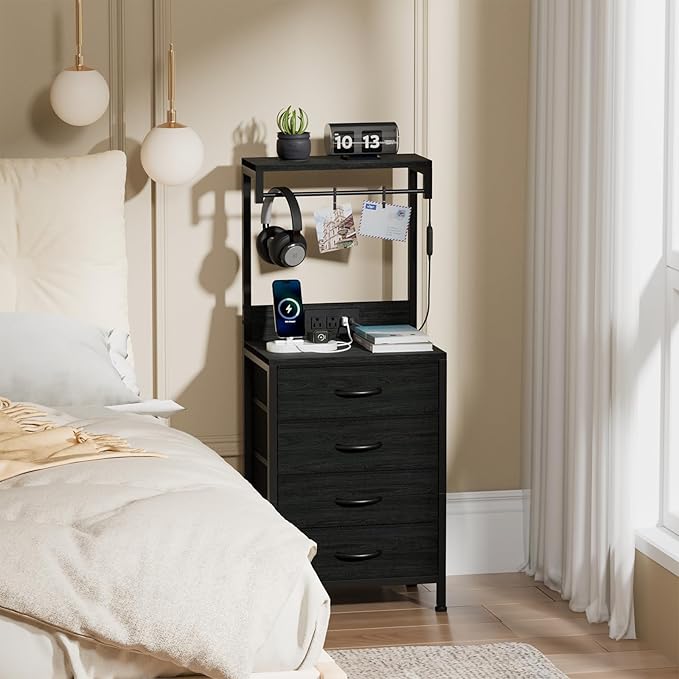 Furnulem Tall Nightstand with Charging Station, Night Stands with LED Lights and Storage Shelves, Bed Side Table for Bedroom, Hallway, Office, 4 Fabric Drawers (Black Oak)