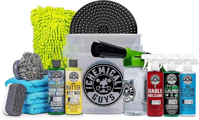 Chemical Guys Car Wash Kit 14-Pc Arsenal Builder - with Foam Blaster, Wash Bucket, Towels, Applicators, and 16 oz Soaps, Waxes, and Cleaners - Complete Car Detailing Gift Set, Works with Garden Hose