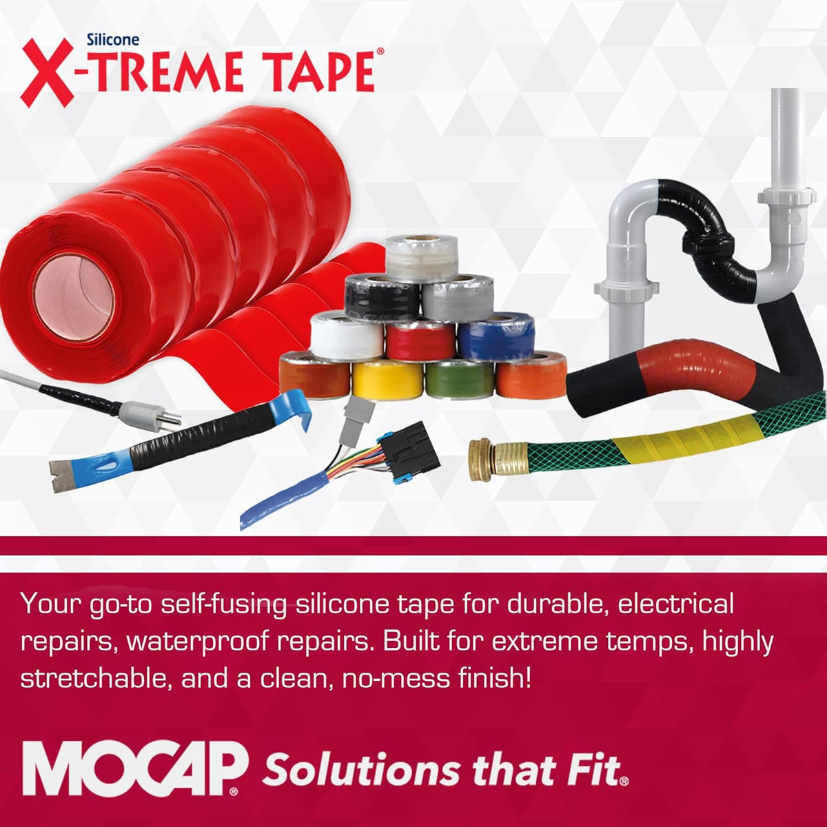X-Treme Tape MOCAP Heavy Duty Electrical Tape, Self-Fusing Silicone Rubber, Waterproof & Insulating Flexible Tape, Electrical for Hose, Automotive, Outdoor & Repairs - 1" x 10ft Roll - Bright Red