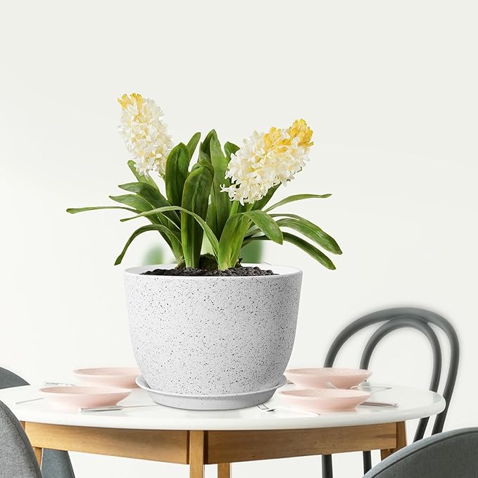 Plant Pots 12 inch, Plastic Planters with Drainage Holes and Saucers, Large Flower Pots for Indoor Outdoor Plants, Modern Decorative Pots for Garden House Plants, Speckled White