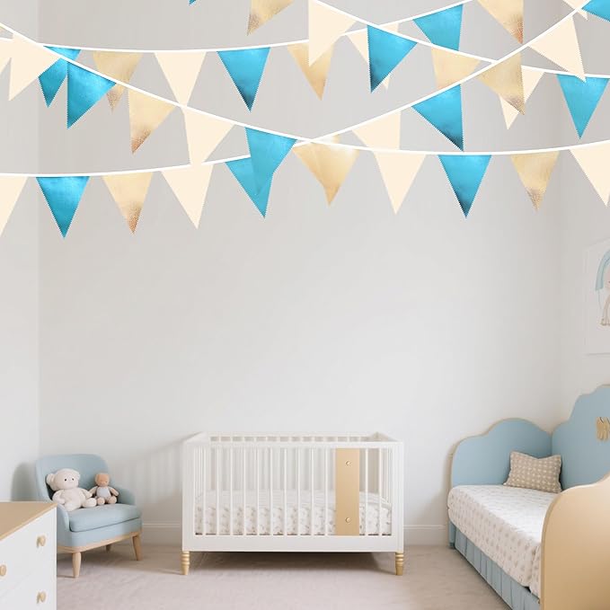 Champagne Gold Sky Blue Beige Decorations Metallic Fabric Triangle Pennant Banner Bunting Flag Garland for Birthday Baby Shower Engagement Wedding Graduation Bridal Shower Party Decorations Supplies