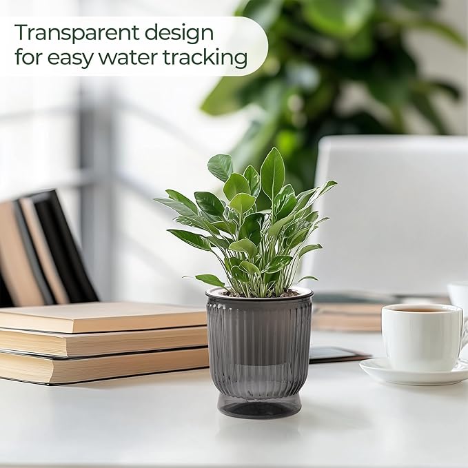 T4U 4 Inch Self Watering Plant Pot, 4 Pack Self Watering Pots, Small Self Watering Planter with Reservoir for Indoor Plants, African Violets (4 Pack 4" Pots, Translucent Gray)