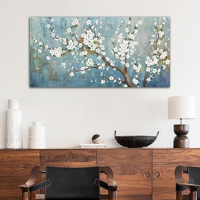 Elegant Flowers Canvas Wall Art - Plum Blossom Pictures for Wall Decor Rustic Turquoise Canvas Painting Nature Printing Artwork for Living Room Bedroom Home Office Wall Decoration 29" x 58"