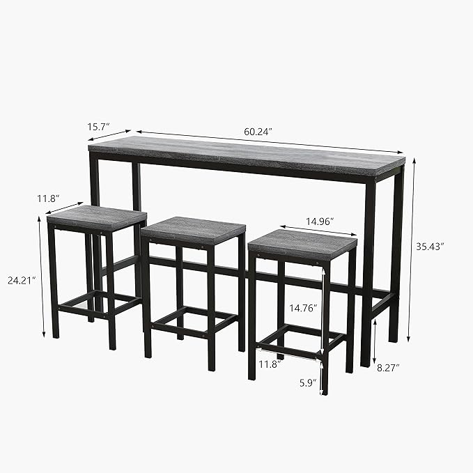 Harper & Bright Designs 4-Piece Dining Table Set, 60.2" L Solid Wood Dining Table with 3 Stools and Metal Frame for Kitchen Dining Room, Antique Grey