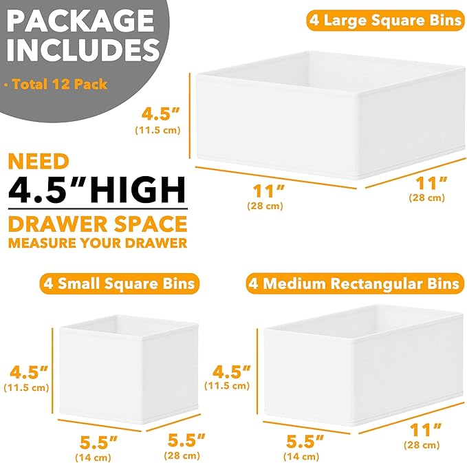 SpaceAid Drawer Organizer Clothes, 12 Pack Dresser Organizer Bins for Nursery, Closet Organization and Storage Dividers for Clothing, Baby Clothes, Underwears, Socks (White)