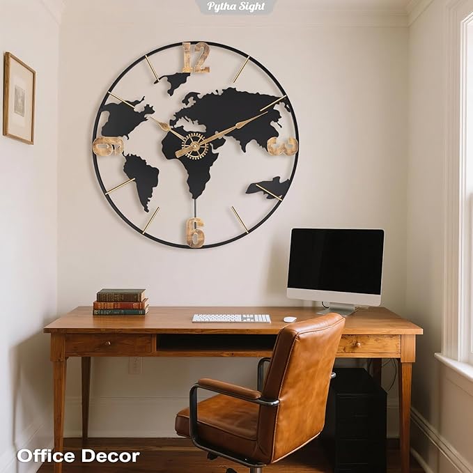 Pytha Sight 24 Inch Large Wall Clock, Modern Decorative Big World Map