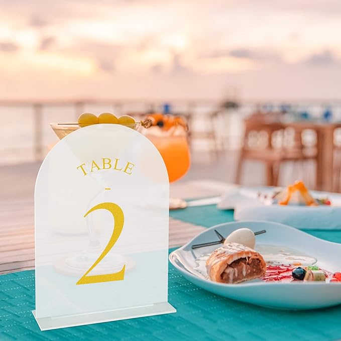 JOYIT Frosted Arch Wedding Table Numbers 1-10 with Stands – 5" X 7" Acrylic Gold Table Number Holders, Perfect for Wedding Receptions, Parties, Anniversaries, and Events