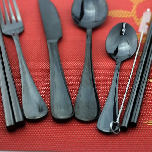 8 Pieces Stainless Steel Mirror Poblished Flatware Set Reusable Cutlery Set Travel Utensils Set with Straws for Camping Office or School Lunch,Dishwasher Safe (Rose Gold)