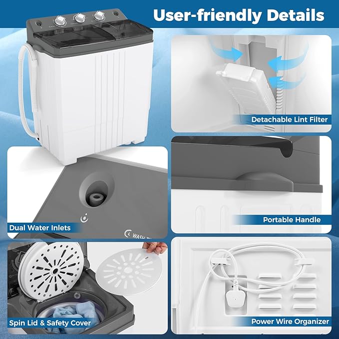 COSTWAY Portable Washing Machine, Twin Tub 20 Lbs Capacity with Drain Pump, Laundry Washer 12 Lbs and Spinner 8 Lbs with Timer Control, Perfect for Apartment Dorm RV, Grey+White