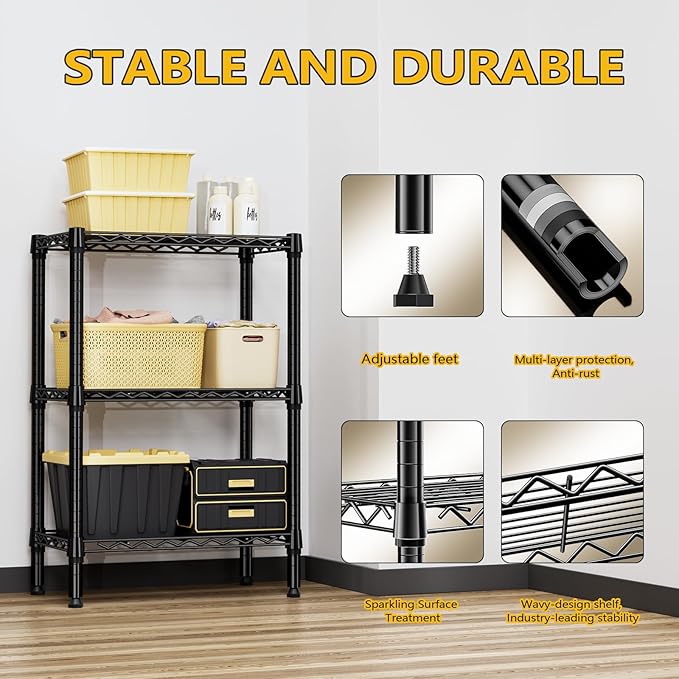 750 lbs 3 Tier Shelf Metal Storage Shelves Shelving Wire Rack Heavy Duty Closet Organizers for Garage Kitchen Bathroom Laundry Black 13.8" D x 23.6" W x 35.5" H