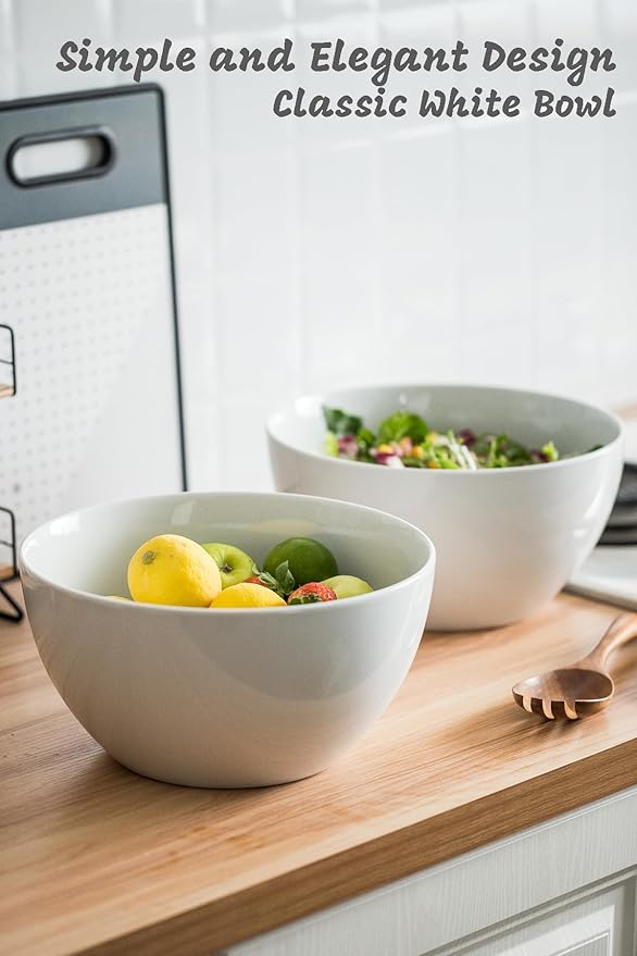 LAUCHUH Salad Serving Bowls, 5 Quarts Porcelain White Serving Bowl Extra Large Mixing Bowl with Spoon Set for Salad, Preparing, Pasta, Popcorn, Chips, Fruit, Vegetables, Thanksgiving, Christmas, 3 Pcs