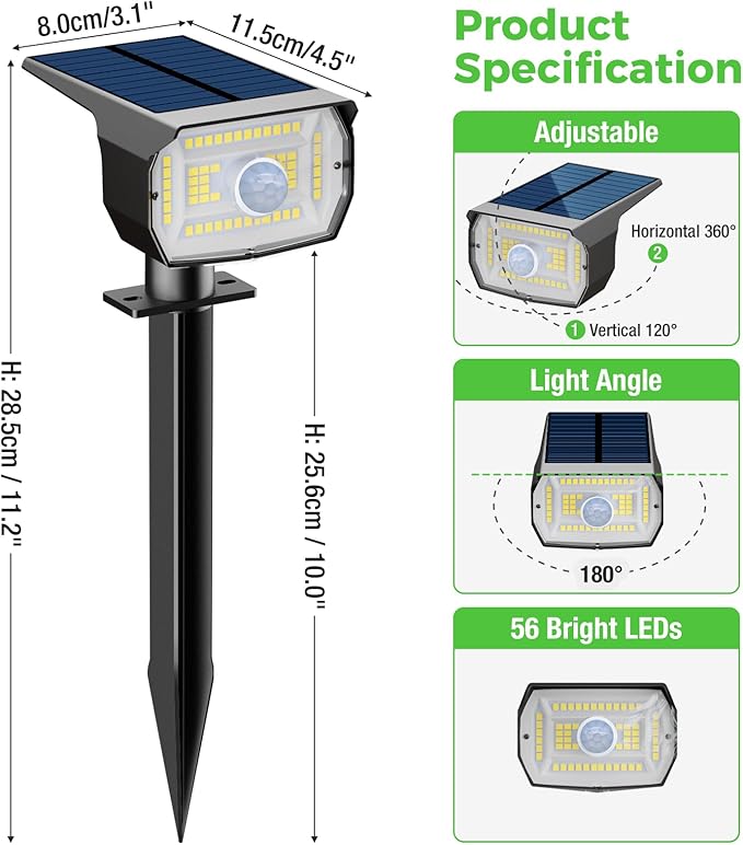 nipify Solar Spot Lights Outdoor Motion Sensor with 3 Modes, Solar Spotlights Outdoor Waterproof 2-in-1 Auto On/Off Landscape Lighting for Outside Yard Wall Garden Pathway, Cool White