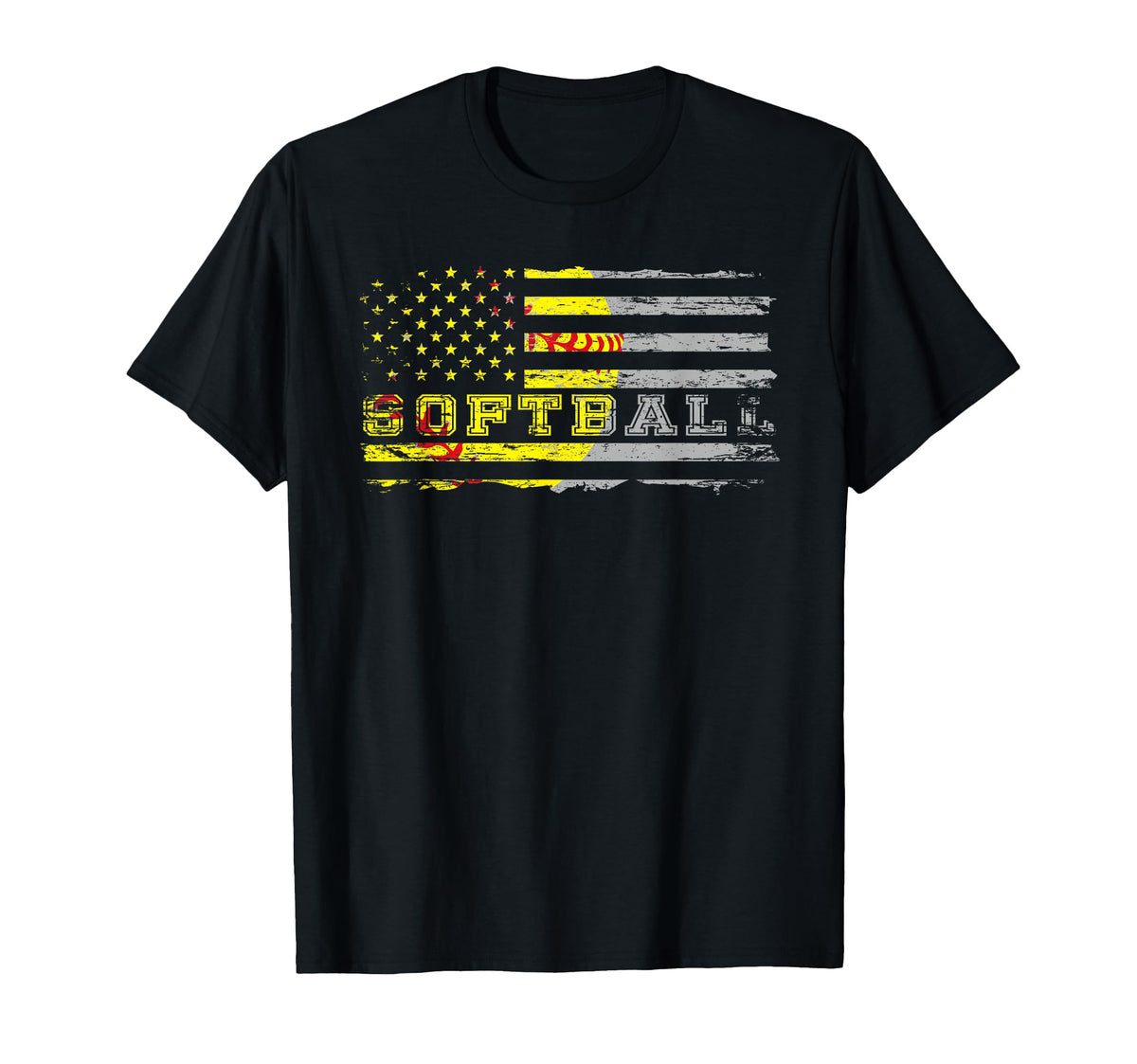 American Flag Softball Fan Team Distressed Gift Women Girls Kids Men T-Shirt