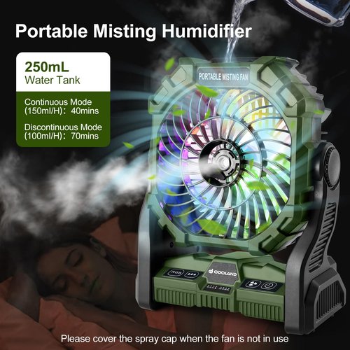 Odoland Portable Camping Fan with LED Lantern, 20000mAh Battery Operated Rechargeable Misting Fan with Light, 250mL Water Tank, Hook, Outdoor Tent Cooling Fans for Patios Beach Travel Summer, Green