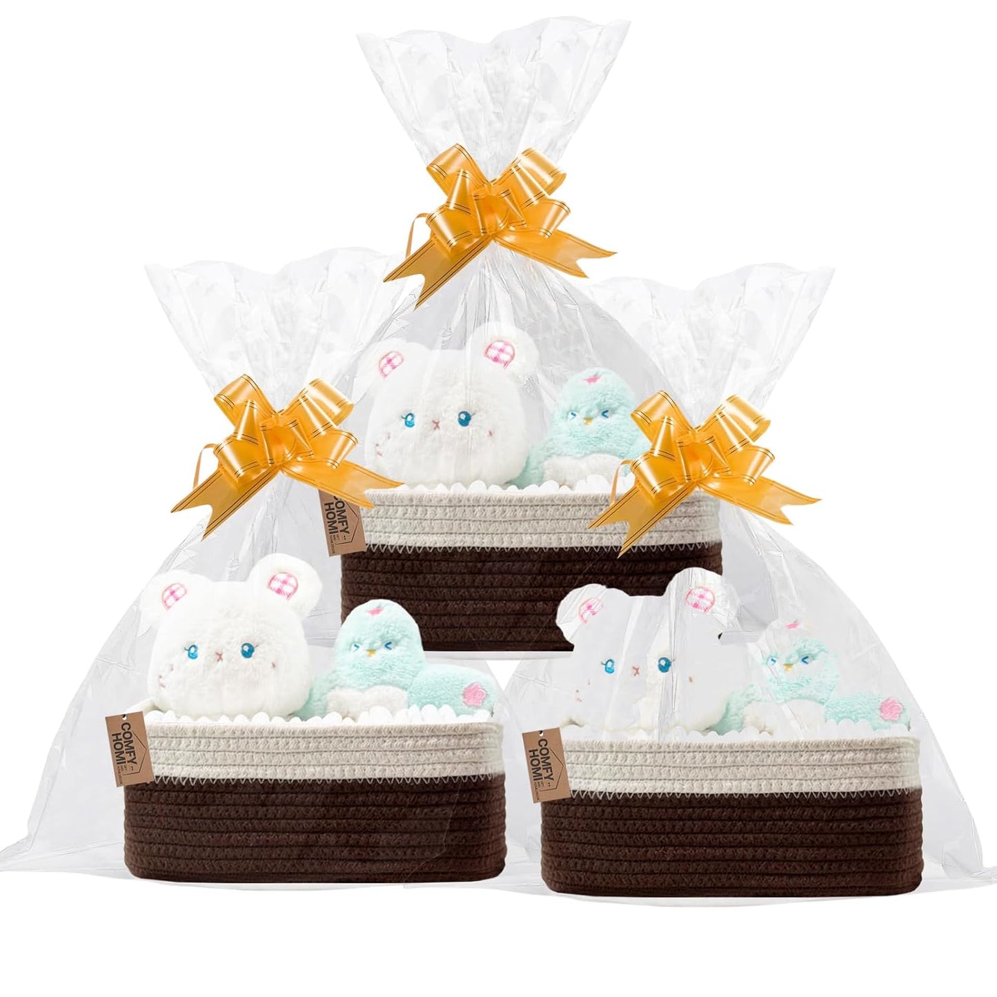 COMFY HOMI 11.5"x7.5"x4.7" Storage Baskets for Organizing | Cotton Rope Woven Basket | Toy Storage Bin Box | Basket for Shelves, Closet Organizer Bin, Decorative Closet Shelf, 3 Pack, dark brown/white