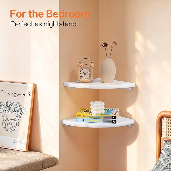 Gieanoo Floating Corner Shelves Set 2 9inch White Solid Oak Rounded Corner