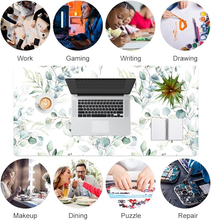 QIYI Large Mouse Pad, Cute Green Leaves Desk Mat for Desktop, Women Girls Office Décor Desk Accessories, PU Leather Waterproof Gaming Mousepad, Eucalyptus Leaf Desk Pad Computer Mat, 31.5" x 15.7"