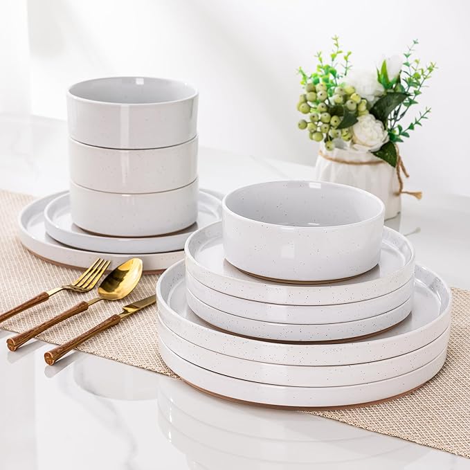 AmorArc Ceramic Dinnerware Set for 8 | Speckled Stoneware Plates and Bowls with Rustic Terracotta Underside| Scratch Resistant,Dishwasher & Microwave Safe Dishes Sets- 24pcs White