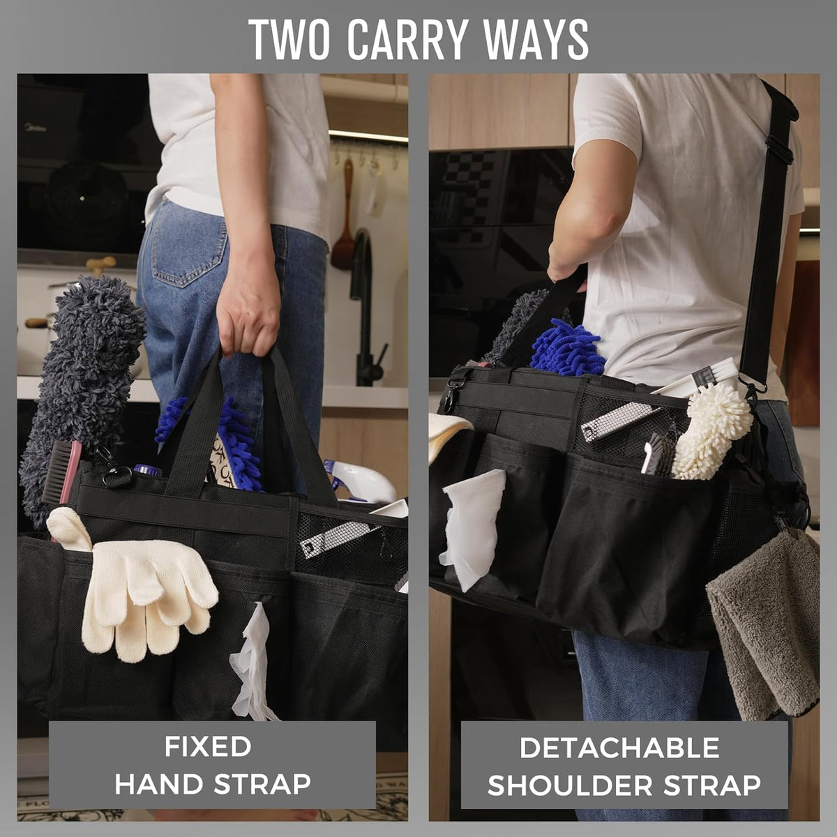 Wearable Cleaning Caddy Organizer with Handle & Shoulder Straps for Housekeepers, Under Sink & Car Cleaning Tool Organizer Bag with 4 Foldable Dividers (Black)