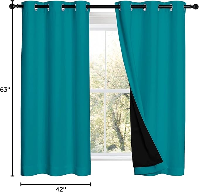 NICETOWN Peacock Teal 100% Blackout Lined Curtains, 2 Thick Layers Completely