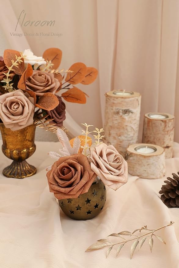Floroom Artificial Flowers 25pcs Real Looking Earth Tones Ombre Colors Foam Fake Roses with Stems for DIY Wedding Bouquets Bridal Shower Floral Centerpieces Party Tables Home Decorations