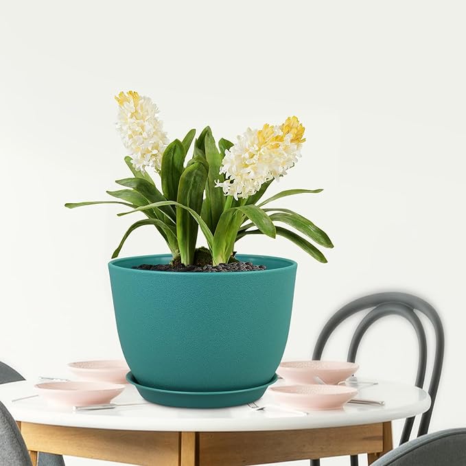 Plant Pots 12 inch, Plastic Planters with Drainage Holes and Saucers, Large Flower Pots for Indoor Outdoor Plants, Modern Decorative Pots for Garden House Plants, Blue Green