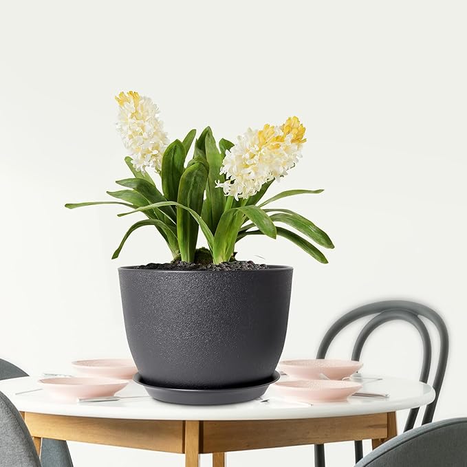 12 inch Large Plant Pots, Plastic Planters with Drainage Holes and Saucers, Flower Pots for Indoor Outdoor Plants, Modern Decorative Pots for Garden House Plants, Black