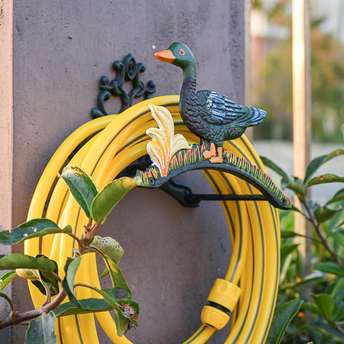 Sungmor Heavy Duty Cast Iron Garden Hose Holder | Water Hose Hanger Wall Mounted | Decorative Indoor Outdoor Hose Rack Reel | 50FT 75FT 100FT Water Hose Bulter Storage | Lovely Duck Metal Hose Stand