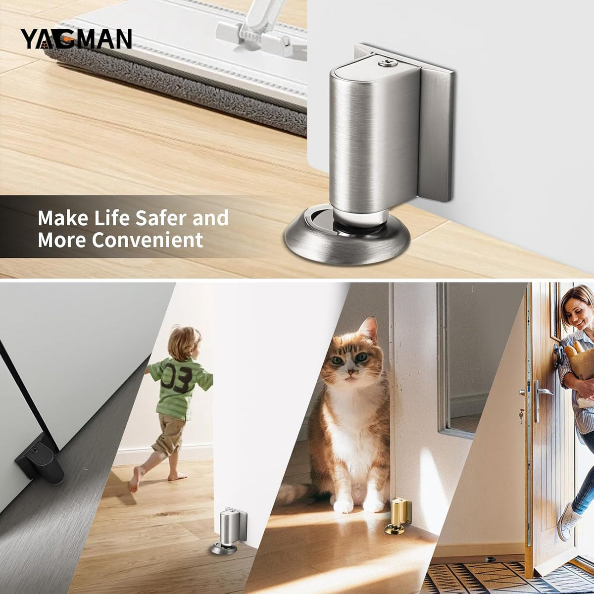 2 Pack Magnetic Door Stoppers Retractable Bottom of Door Holder No Drilling Mount Floor Door Stop with Screws and Adhesive Catch Door Keep Door Open Brushed Nickel BN-2