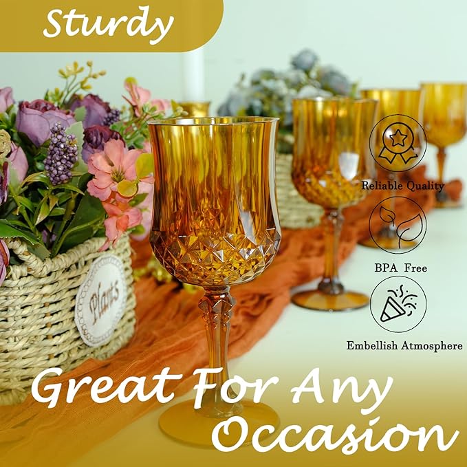 Plastic Wine Glasses,Plastic Goblets Vintage Style Cordial Drinking Glasses for Wedding Reception, Grand Event Party Supplies (48, Amber)