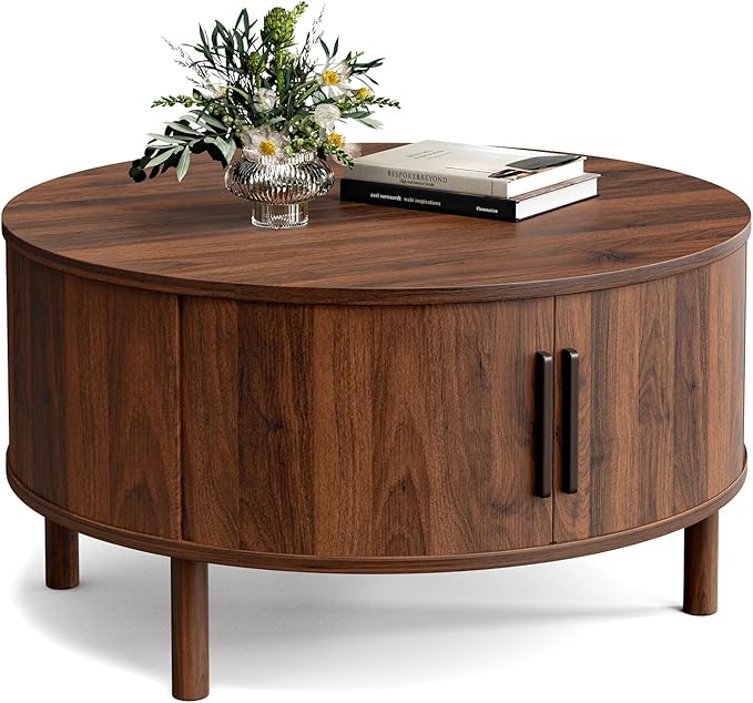 Coffee Table for Living Room, Modern Round Coffee Table with Cabinets & Sliding Doors, Home Small Space, 29.9" Fluted Center Table, Walnut