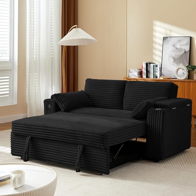 Convertible Corduroy Sofa Bed with USB Charging Port & Cup Holders, 68.11" Foldable Sleeper Chair with Armrests & Pillows, 3-in-1 Floor Futon for Living Room, Bedroom, Guest Room,Easy Assembly
