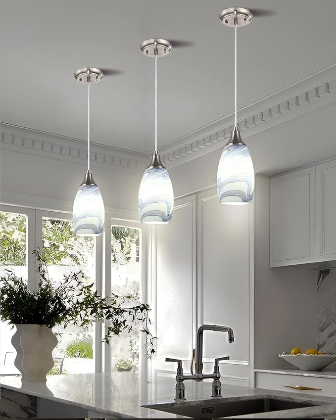 Mini Art Glass Pendant Lights Kitchen Island Blown Glass Pendant Lighting with Brushed Nickel Finish Adjustable Cord Ceiling Hanging Lamp for Hallway,Dining Room White and Dark Blue-1P