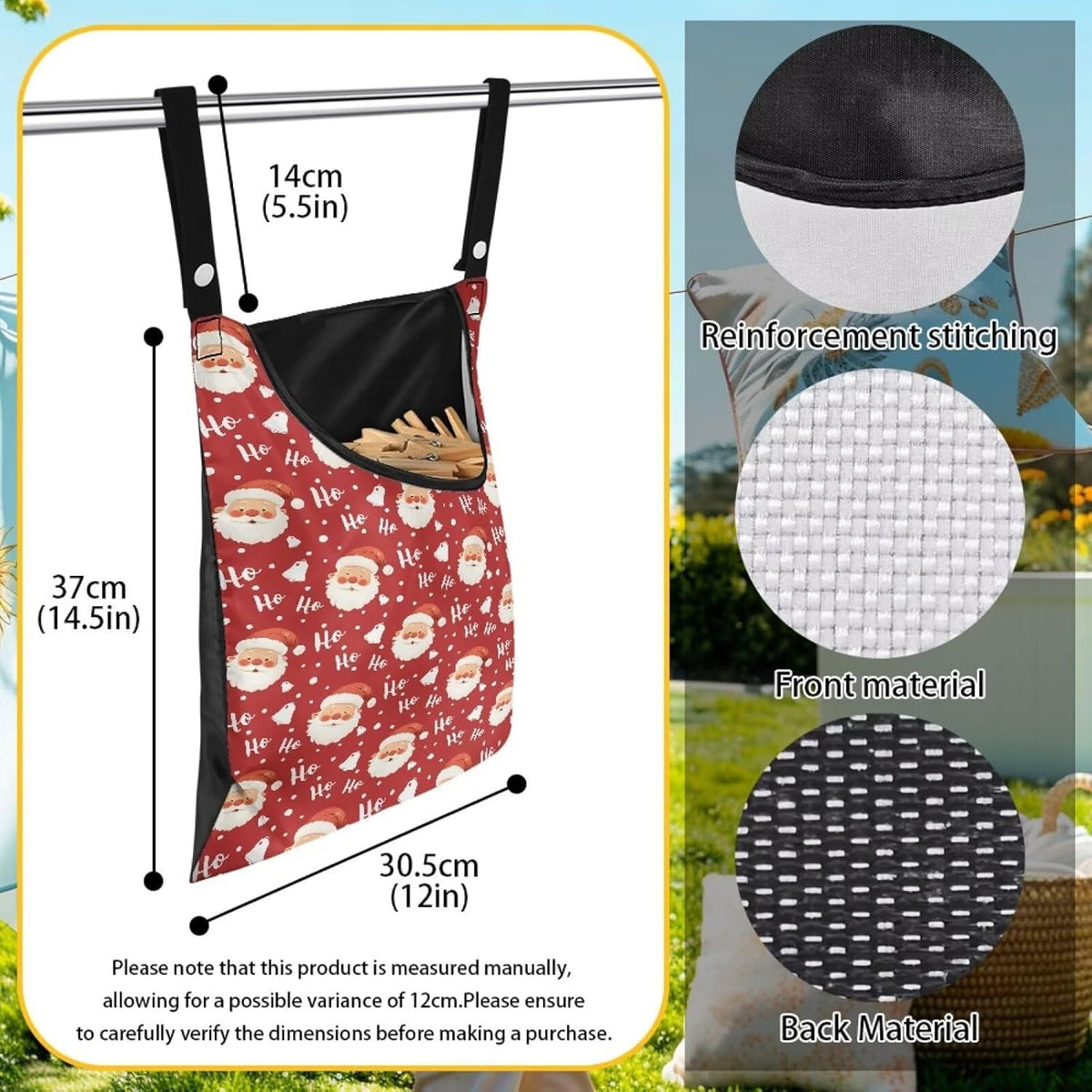 Clothespin Bag with Hanging Rope for Home Outdoor,Laundry Hanging Bag Fits Clothes Lines for Hanging Clothes Outside Balcony Bathroom Corridor Yard - Santa Claus