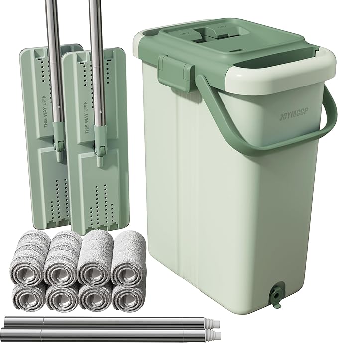 JOYMOOP Mop and Bucket with Wringer Set for Floor Cleaning and Wall Cleaner, Flat Mop and Bucket System Set with 2 Mops and 8 Large Microfiber Pads - Green