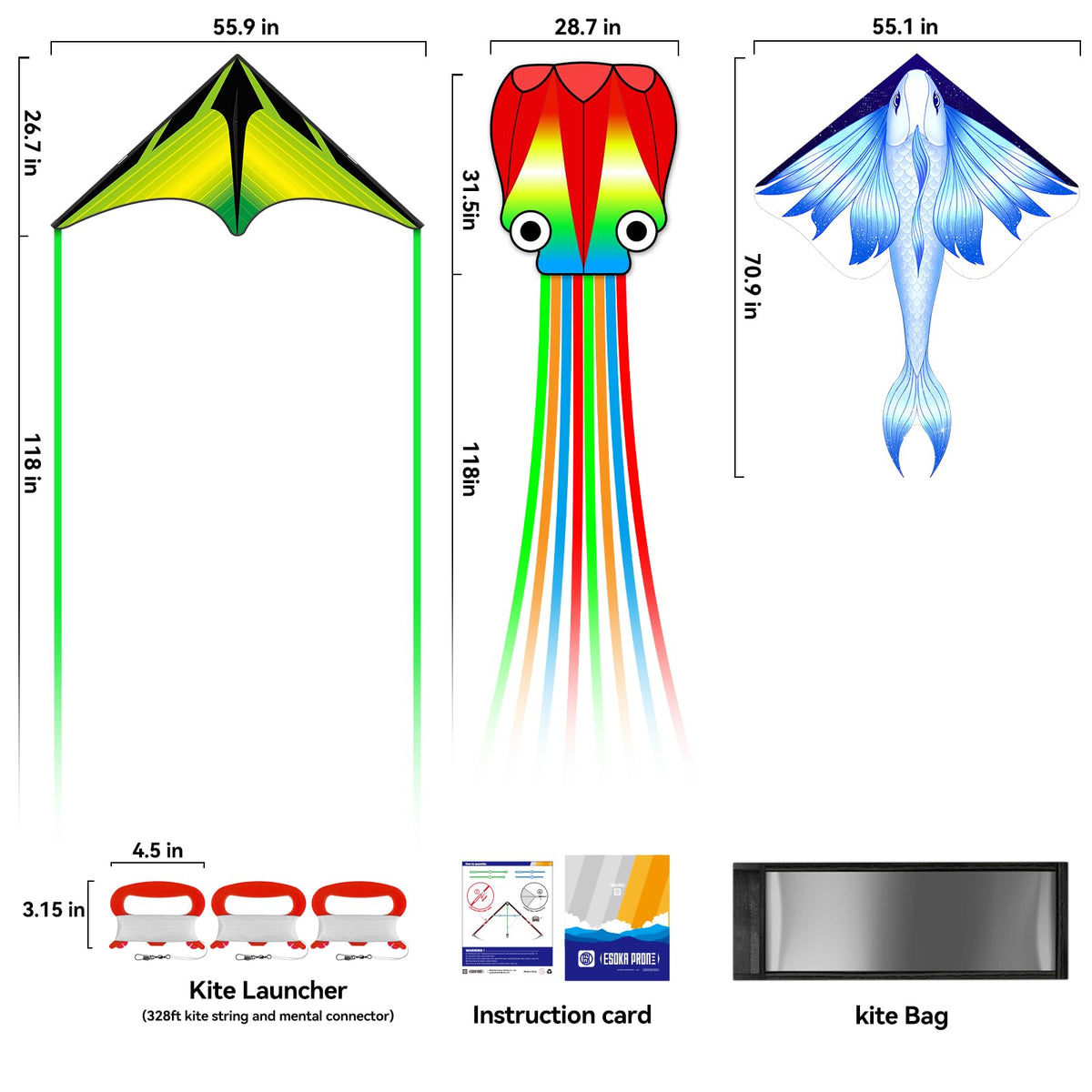 Kites for Adults & Kids Ages 4-8,Beach Kites Easy to Fly for Beginner, with Handle and 328ft Kite String,Best Toy and Gift for Boys & Girls. (Flying Fish+Grassland+Octopus, 3)