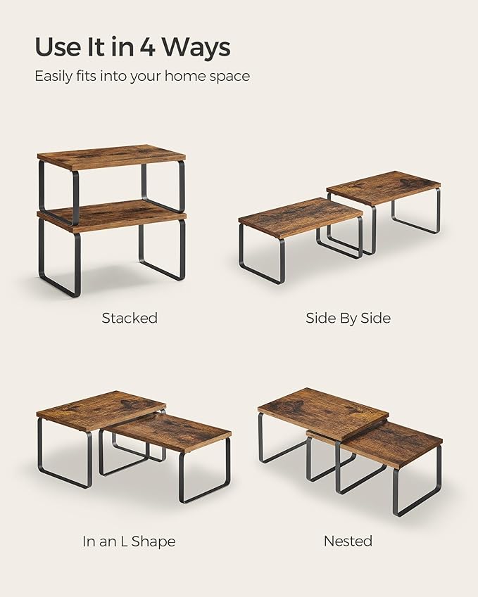 SONGMICS Cabinet Organizer Shelf, Set of 4 Kitchen Counter Shelves, Kitchen Storage, Spice Rack, Stackable, Expandable, Metal and Engineered Wood, Ink Black and Rustic Brown UKCS021X01