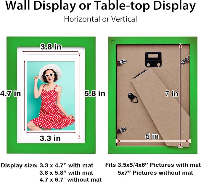 KINLINK 5x7 Picture Frame Grass Green, Solid Wood Frames with Acrylic Plexiglass for 3.5x5/4x6 with Mat or 5x7 without Mat, Tabletop and Wall Display Photo Frame 4 Pack
