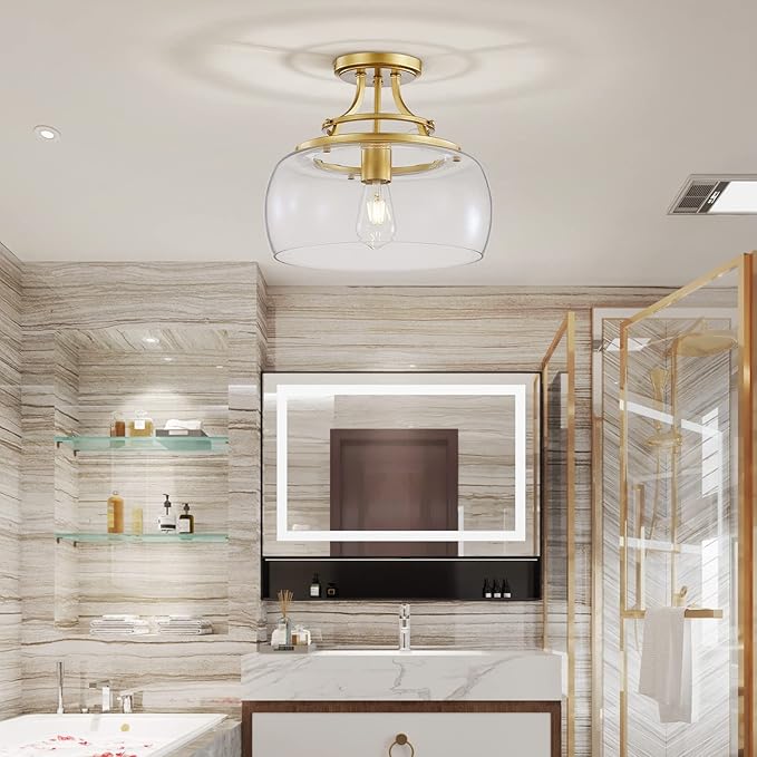 WUZUPS Chandelier Rustic Farmhouse Industrial Round Semi-flushmount Ceiling LED Light Fixture with Clear Glass Shades for Bathroom Kitchen Foyer Entryway, H 11.8" x W 13.4", E26 Base, Gold