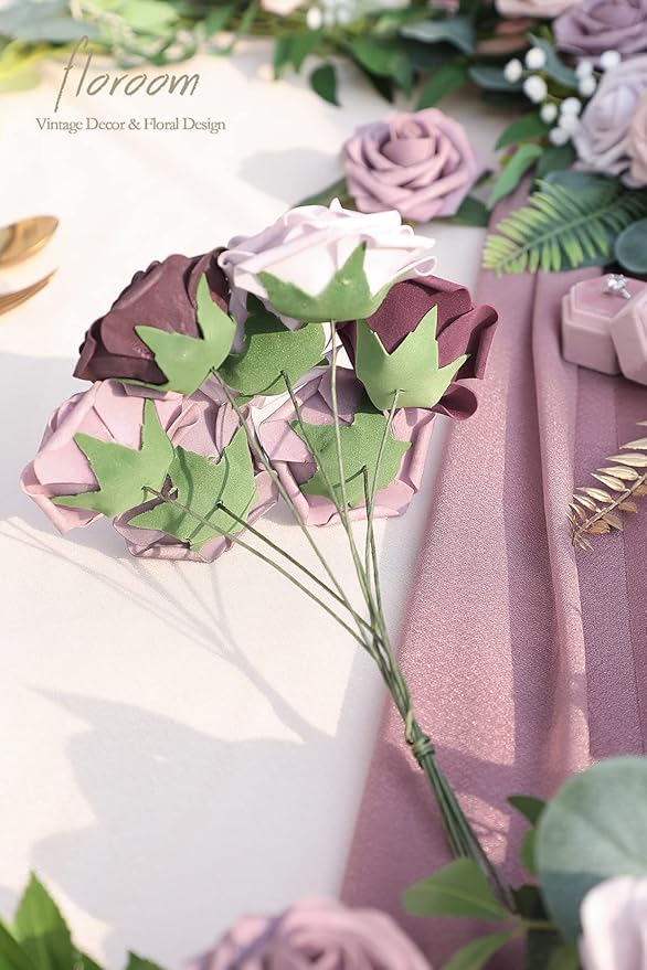 Floroom Artificial Flowers 25pcs Real Looking Plum Ombre Colors Foam Fake Roses with Stems for DIY Wedding Bouquets Bridal Shower Floral Centerpieces Party Tables Home Decorations