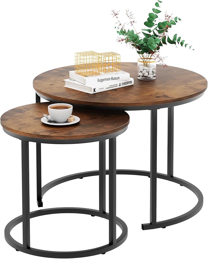 aboxoo Coffee Table Nesting Round Table Set of 2 Side Table with Sturdy Metal Frame for Living Room Bedroom Apartment Modern Industrial Simple Nightstand,Rustic Brown